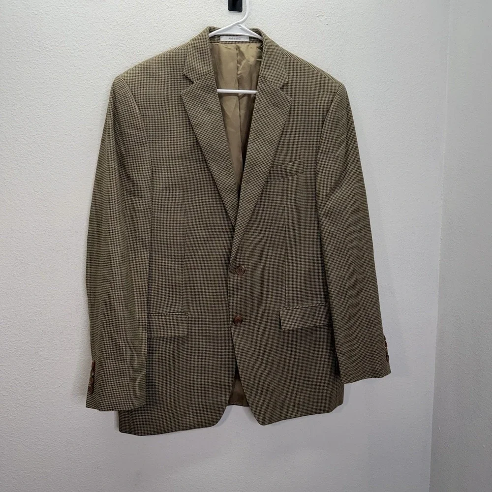 Lauren Ralph Lauren Blazer Sport Coat Mens 40R Beige Blue Houndstooth Silk Wool